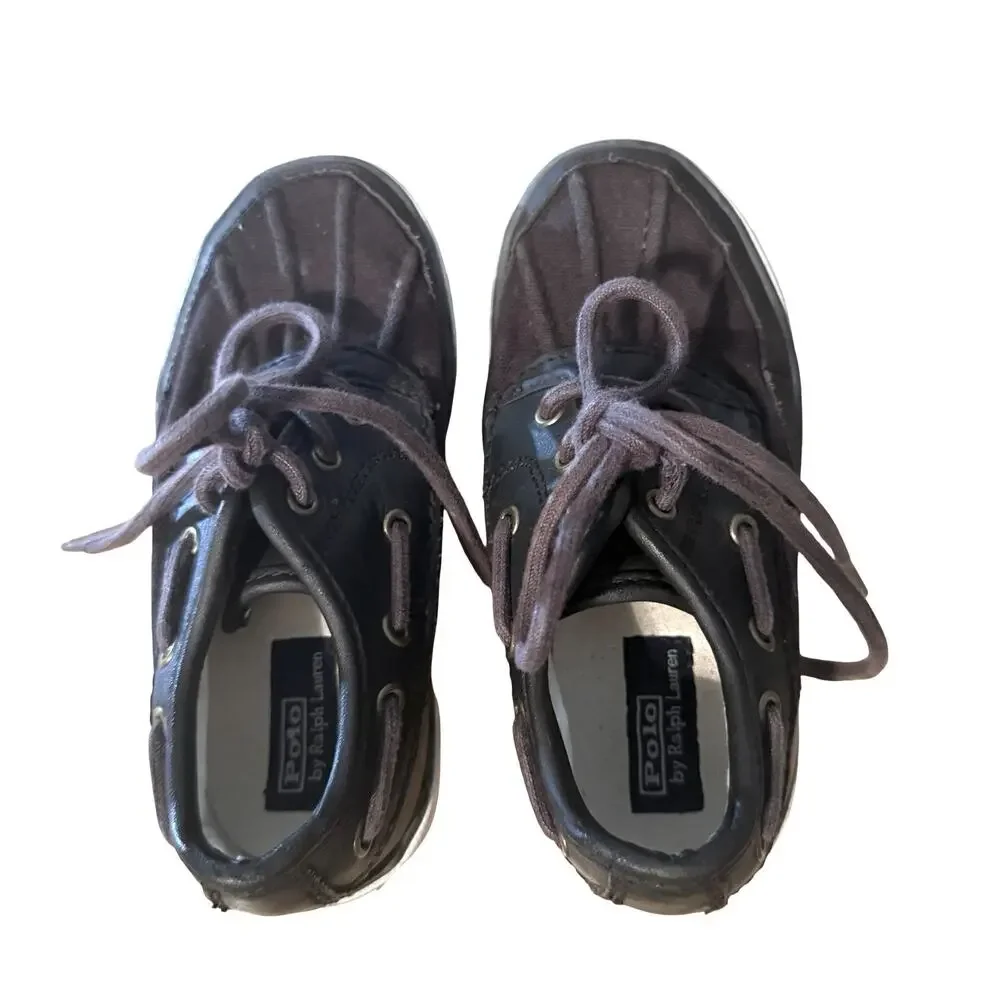 Polo Ralph Lauren Boys Leather & Canvas Dark Brown Boat Shoes Preppy Lace Up 9.5